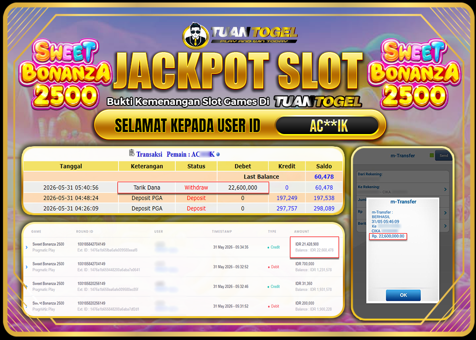 TUANTOGEL JACKPOT SLOT SWEET BONANZA 2500 Rp22.600.000, - LUNAS 